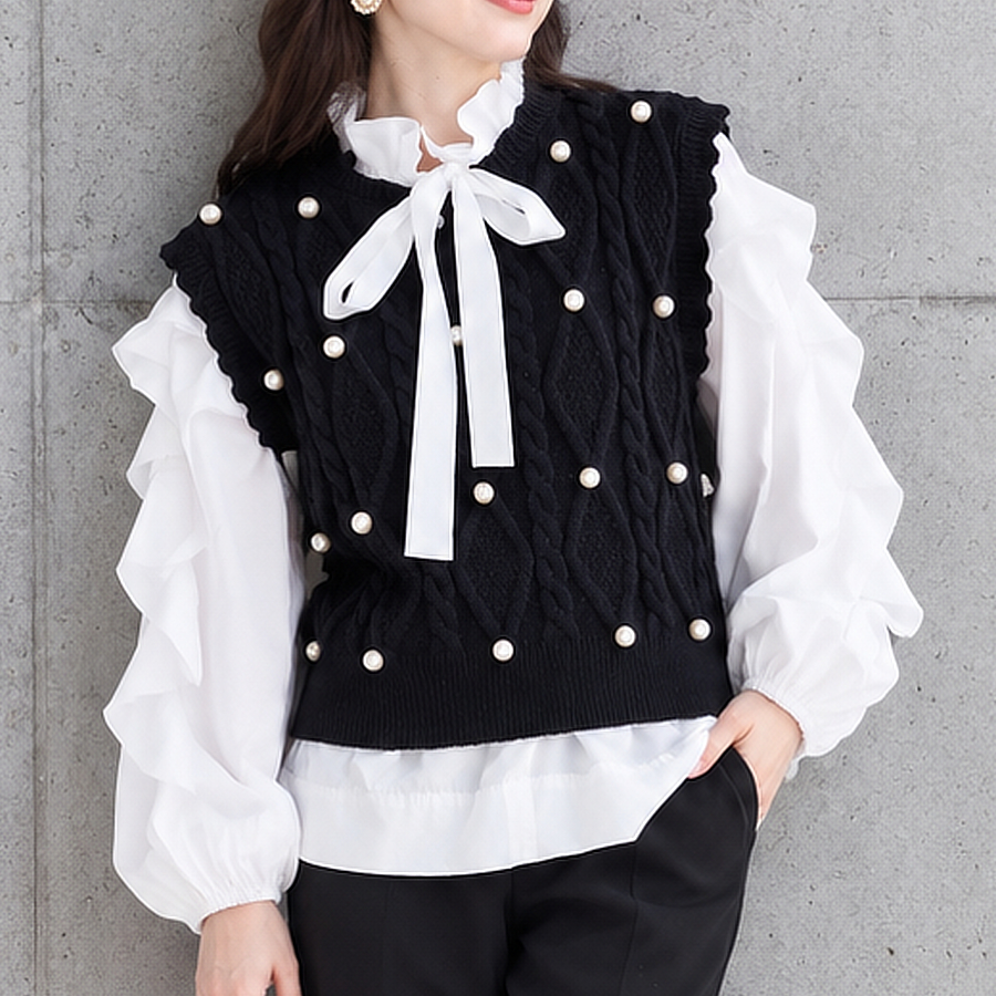 【SELECT】きゅんと可愛い♡パールデコレーションニットベスト
